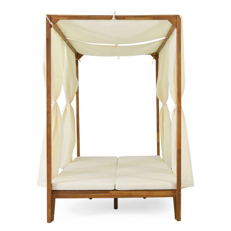 Kinzie Outdoor 2 Seater Acacia Wood Daybed with Adjustable Chaise & Water-Resistant Curtains - Christopher Knight Home