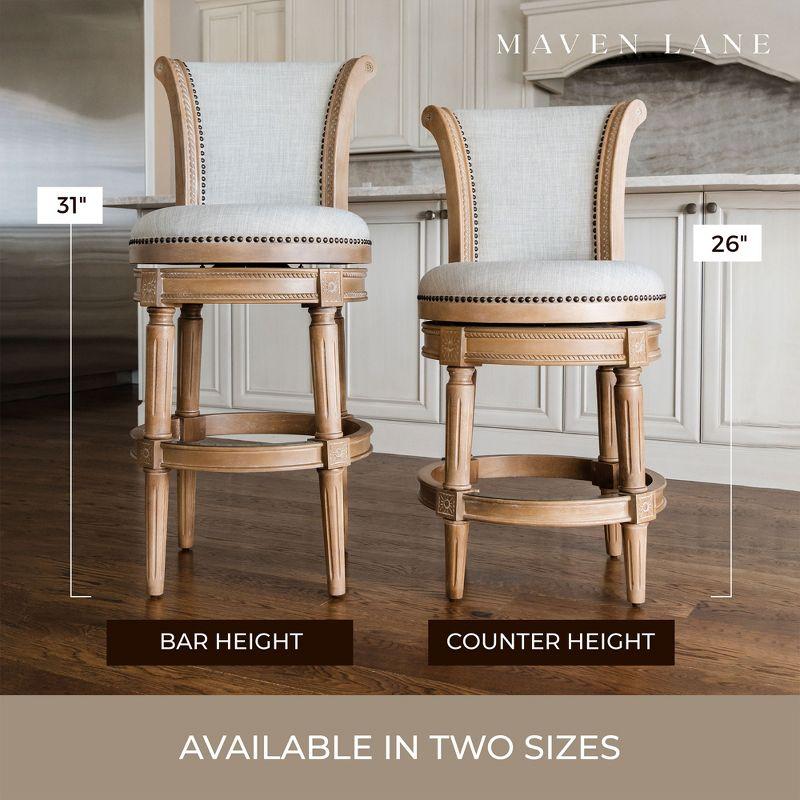 Maven Lane Pullman 26 Inch Tall Counter Height Upholstered Barstool with Back in Weathered Oak Finish with Sand Color Fabric Cushion Seat, Set of 4