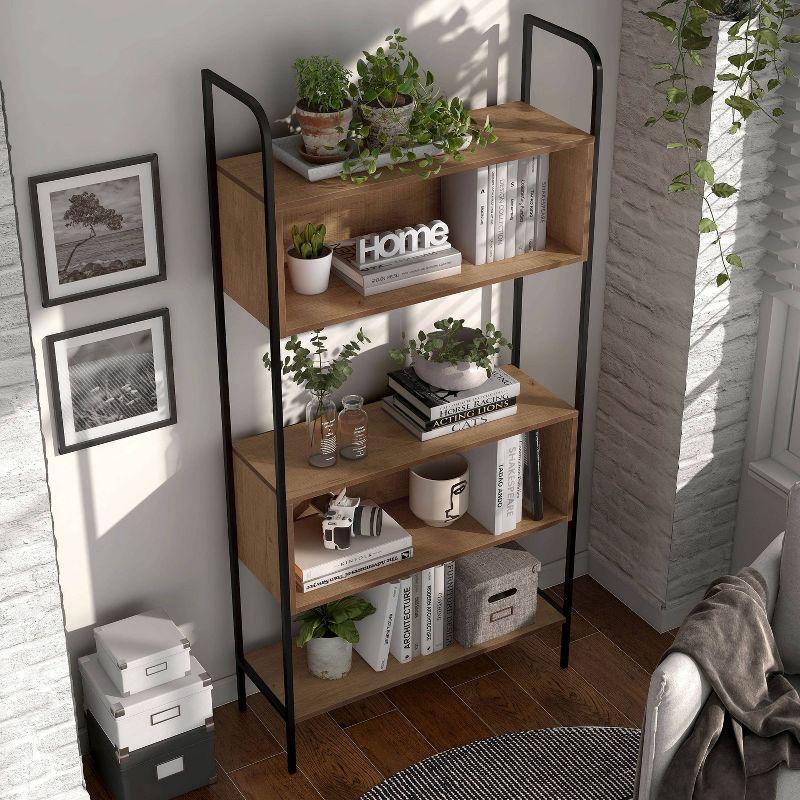 Distressed Oak and Black Metal 67" Bookcase with Cubes