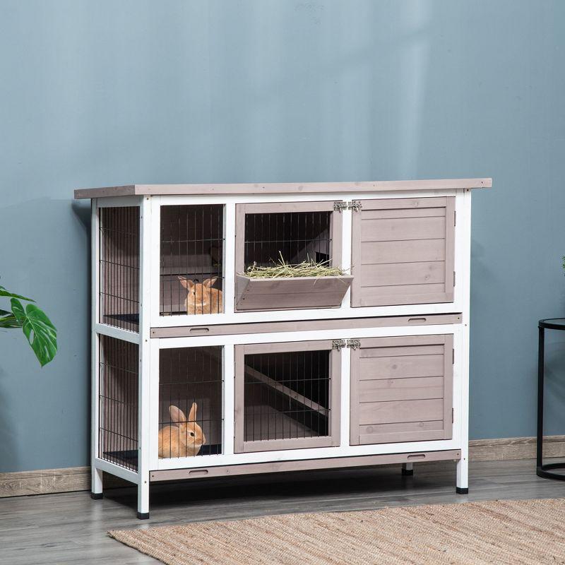 Gray and White Wooden 2-Tier Guinea Pig Cage with Slide-Out Tray