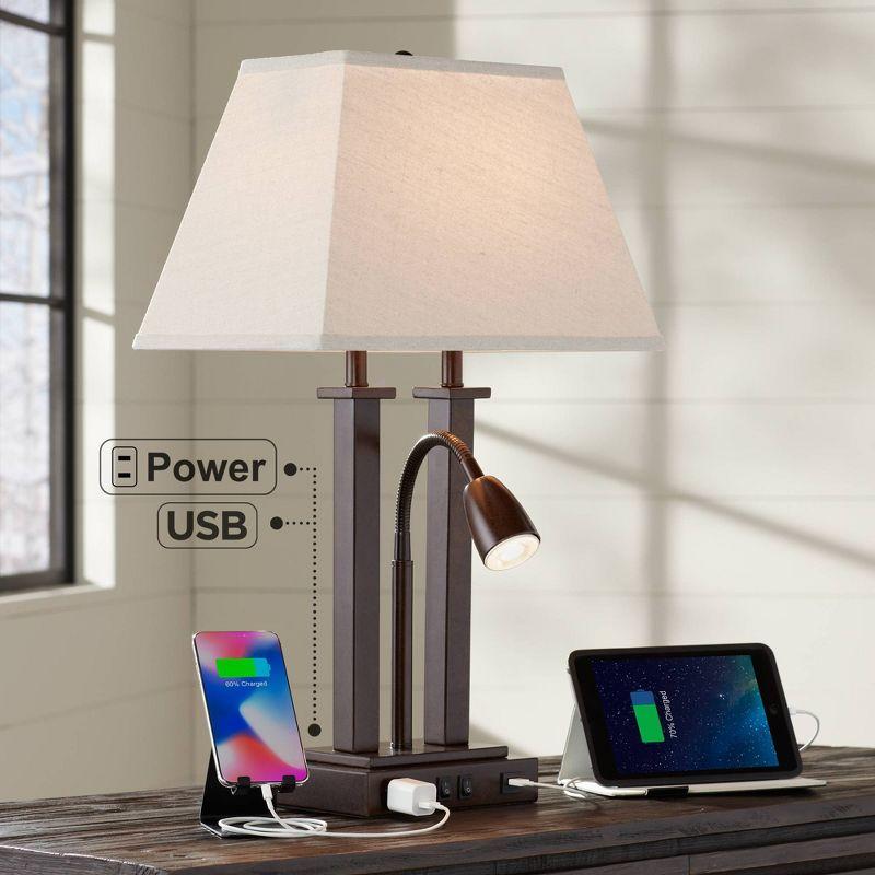 Possini Euro Design Deacon Modern Desk Table Lamp 26" High Bronze with USB and AC Power Outlet in Base LED Reading Light Oatmeal Shade for Office Desk