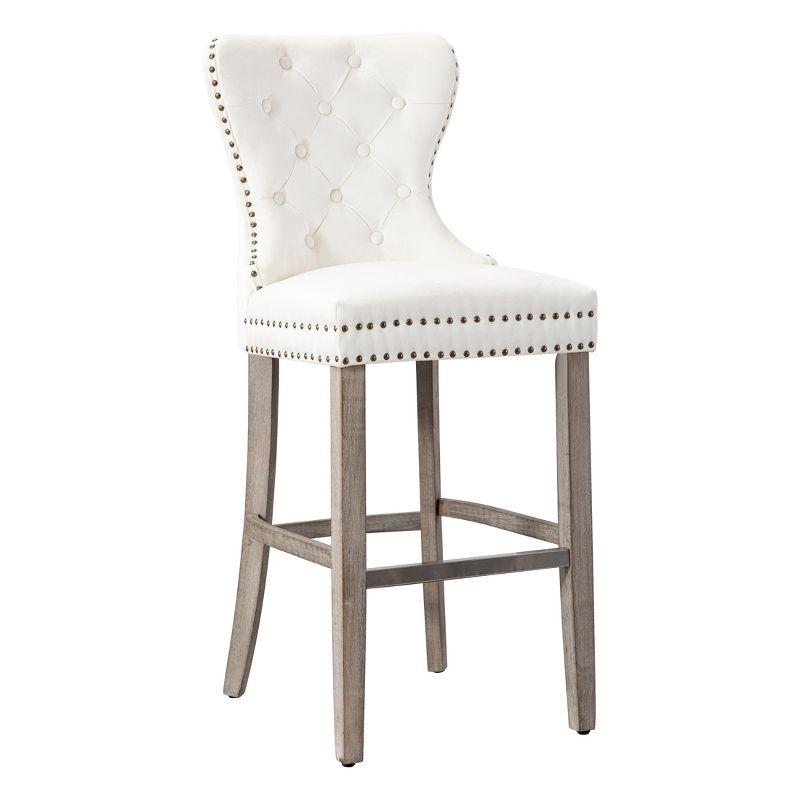 Cream Velvet Tufted Bar Stool with Metal Footrest, Set of 2