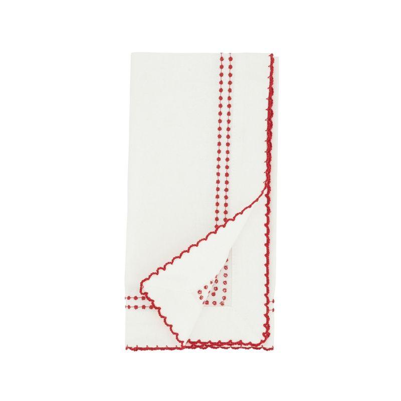 White Cotton Table Napkins with Red Embroidered Borders, Set of 4