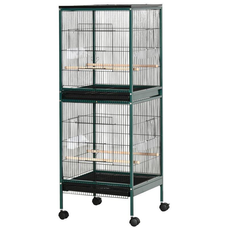 PawHut 55" 2 In 1 Bird Cage Aviary Parakeet House for finches, budgies with Wheels, Slide-out Trays, Wood Perch, Food Containers