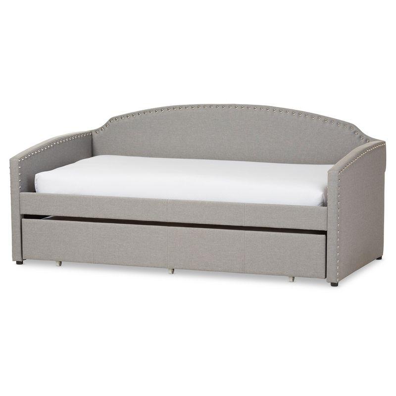 Gray Twin Linen Nailhead Trim Sleeper Daybed with Trundle