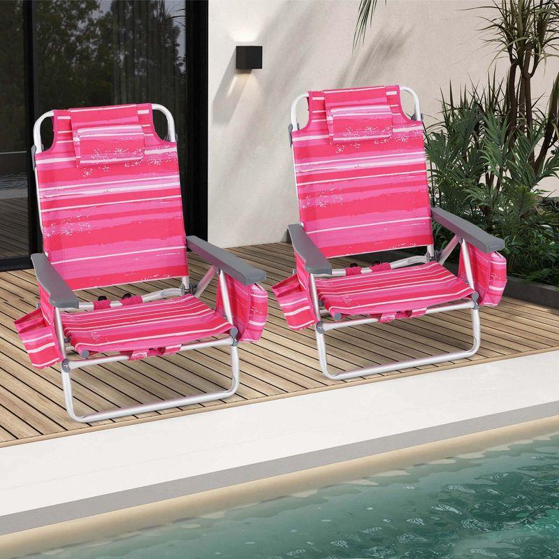 Costway 4-Pack Folding Backpack Beach Chair 5-Position Outdoor Reclining Chairs with Pillow Dark Pink