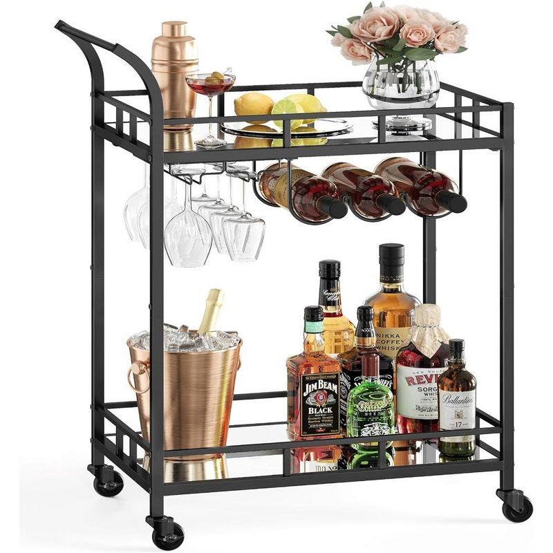 Black Steel Bar Cart with Mirrored Shelves and Wine Holders