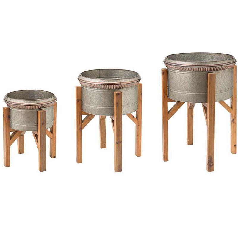 Set of 3 Galvanized Metal Planters with Wooden Stands