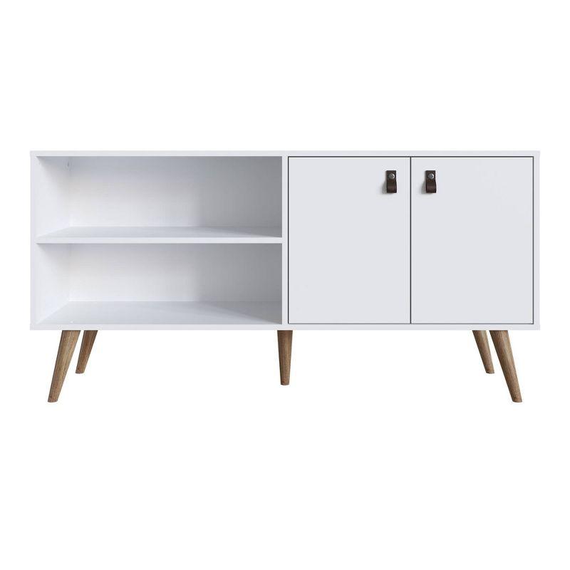 Amber White MDF TV Stand with Faux Leather Handles and Cabinet