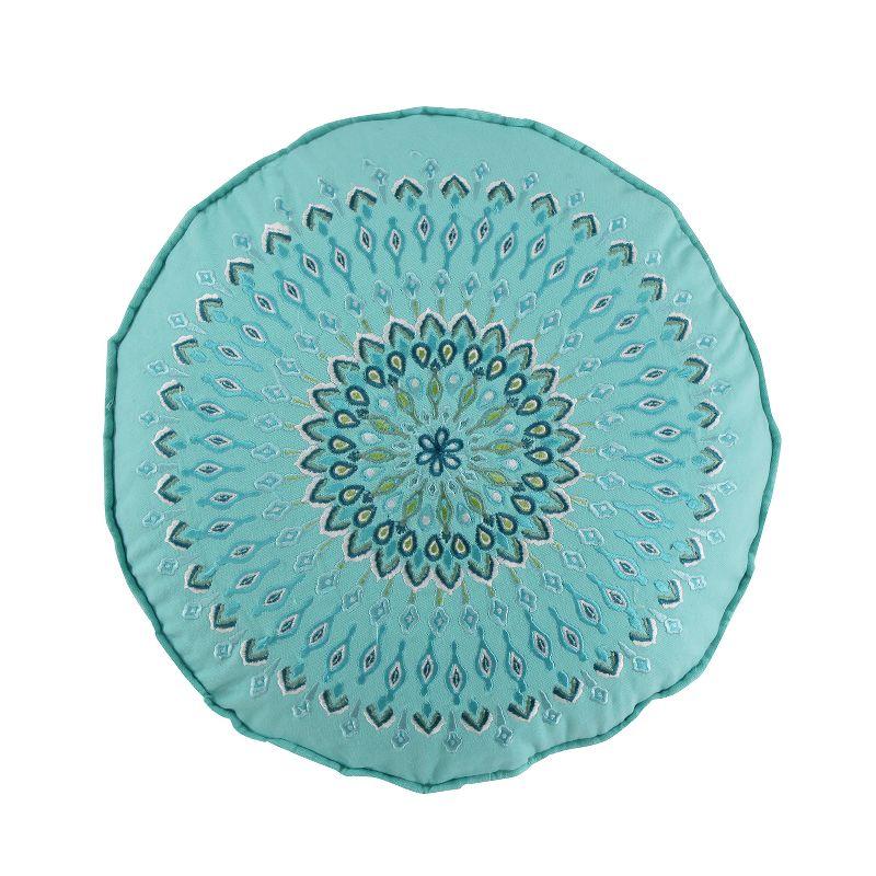 18" Round Monika Embroidered Round Pillow Teal - Mudhut: Cotton, Duck Feather Filled, Indoor Medallion Design