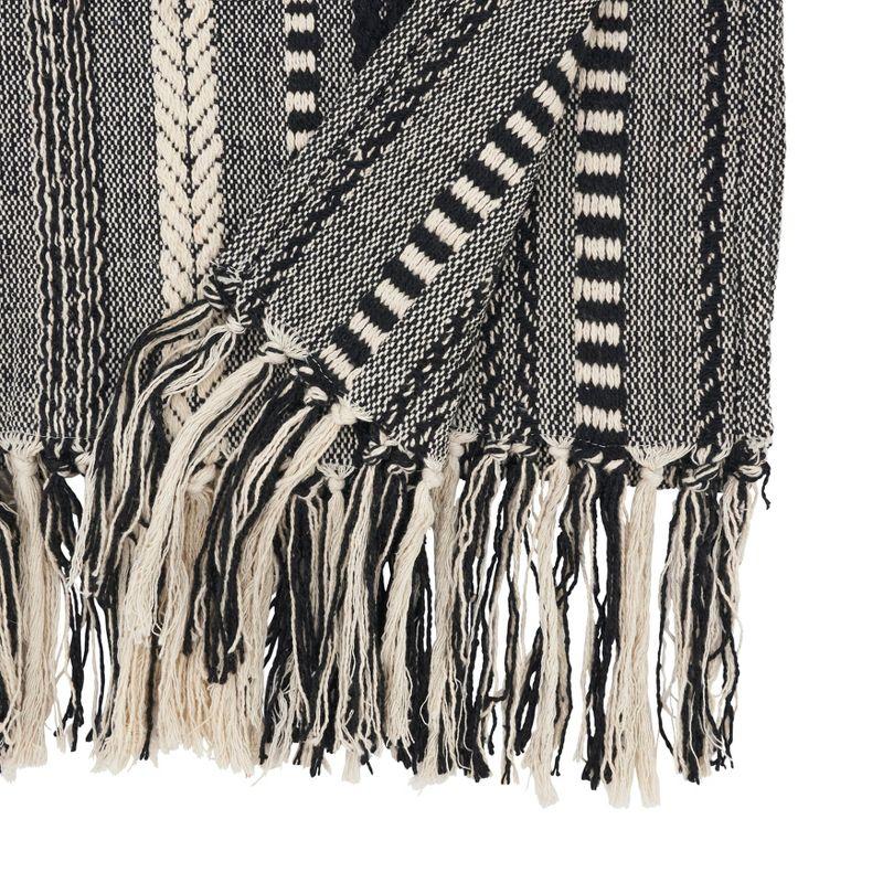 Black and White Cotton Fringe Stripe Table Runner, 14"x72"