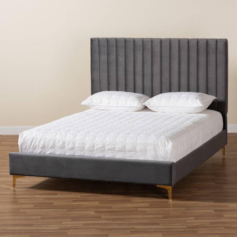 Queen Serrano Velvet Fabric Upholstered and Metal Platform Bed Gray/Gold - Baxton Studio: Channel Tufted, No Box Spring Needed