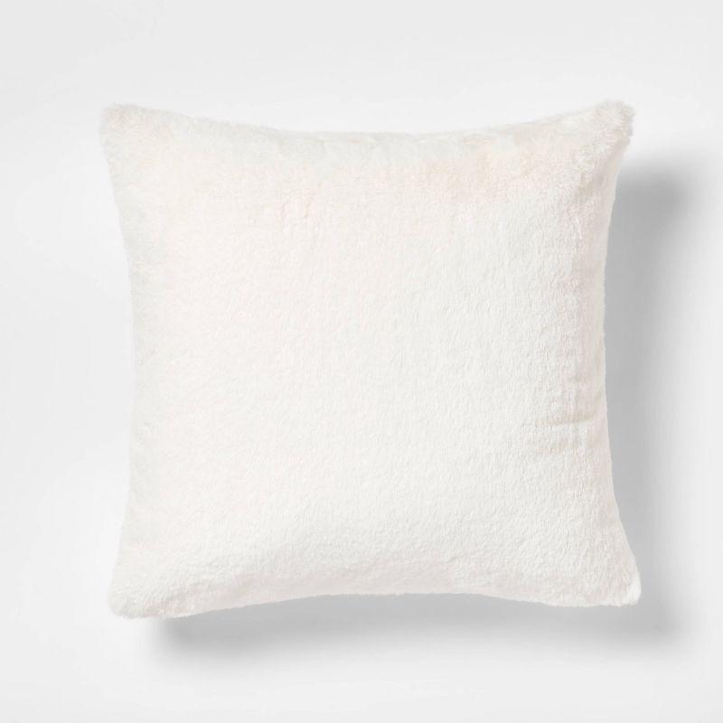 Cream Faux Rabbit Fur Square Throw Pillow