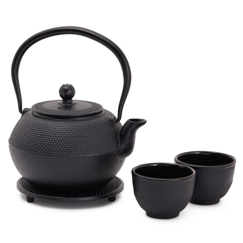 Black Cast Iron Japanese Teapot Set with Cups and Trivet