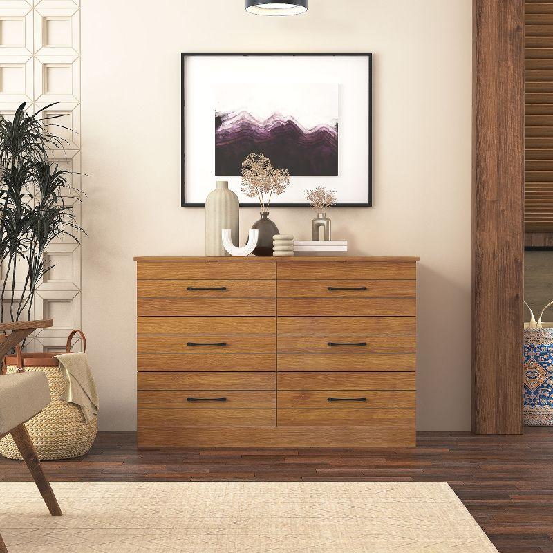 Elis Amber Walnut 6-Drawer Wide Dresser with Black Handles