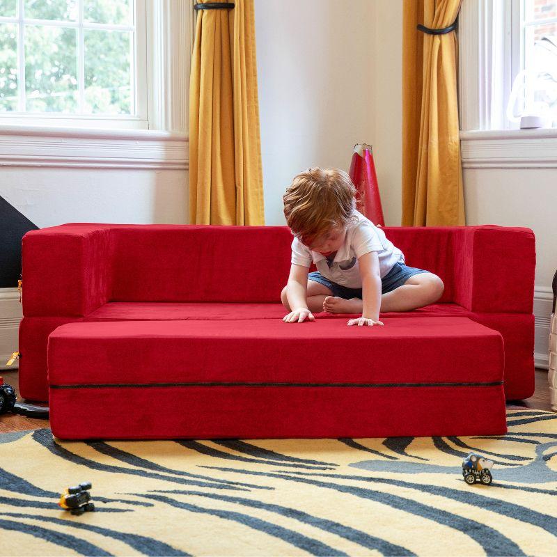 Jaxx Zipline Kids Sofa & Large Ottoman, 3 in 1 Fold Out Sofa, Big Kids Edition, Cherry