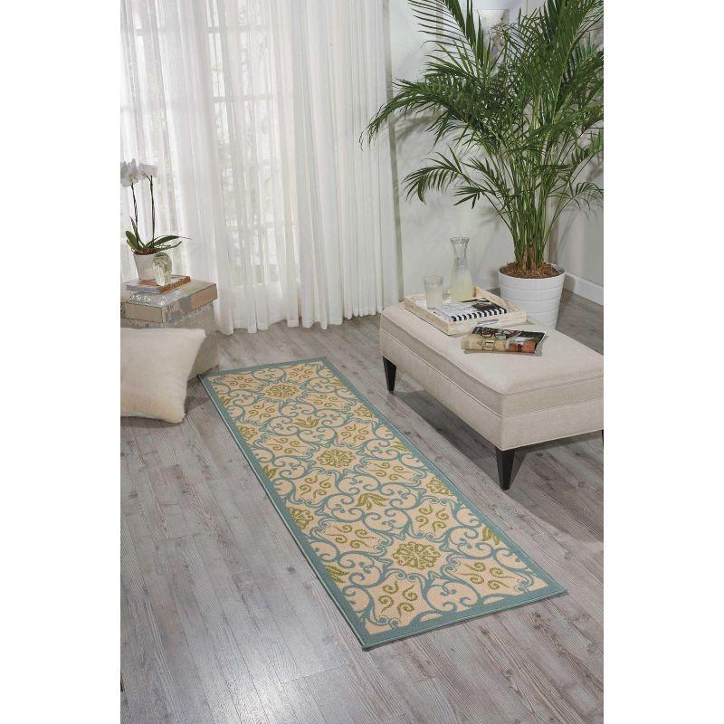 Ivory and Blue Floral Synthetic Easy Care Area Rug