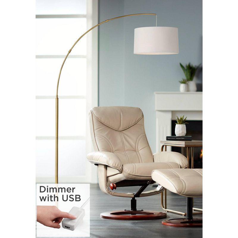 Elegant Brass Finish Arc Floor Lamp with White Linen Shade and USB Port