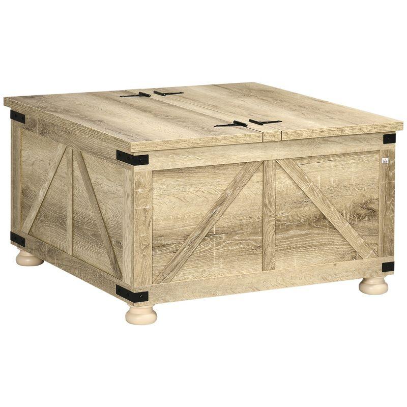 Rustic Farmhouse Square Coffee Table with Hidden Storage, Brown Wood