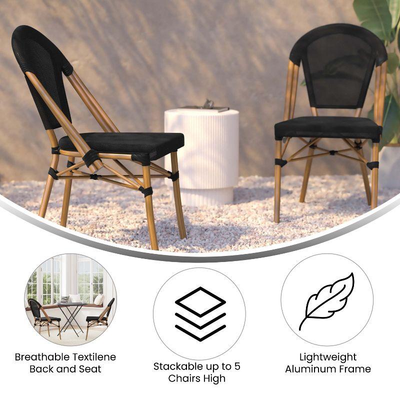 Flash Furniture Marseille Set of 2 Indoor/Outdoor Commercial Bistro Stacking Chairs, Textilene Backs and Seats, Bamboo Print Aluminum Frames