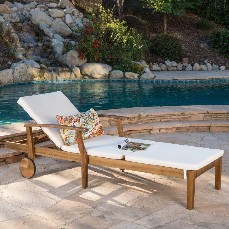 Perla Acacia Chaise Lounge - Teak/Cream - Christopher Knight Home: Patio Furniture with Wheels