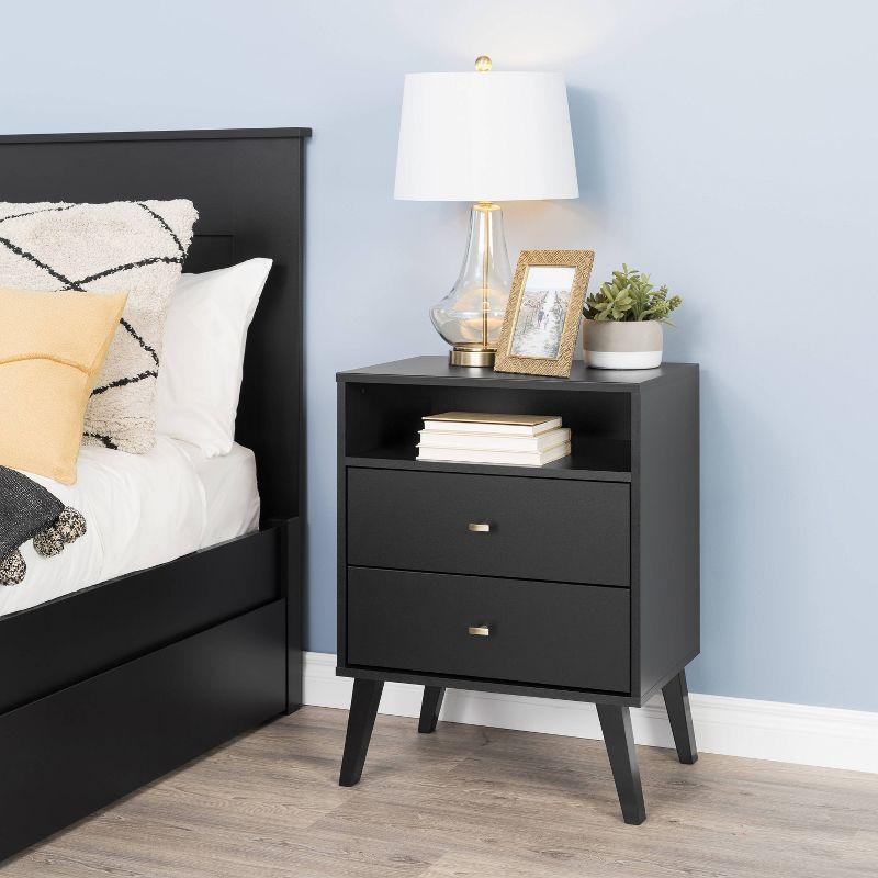 Milo Mid-Century Modern Black Nightstand with Brass Knobs and Open Shelf