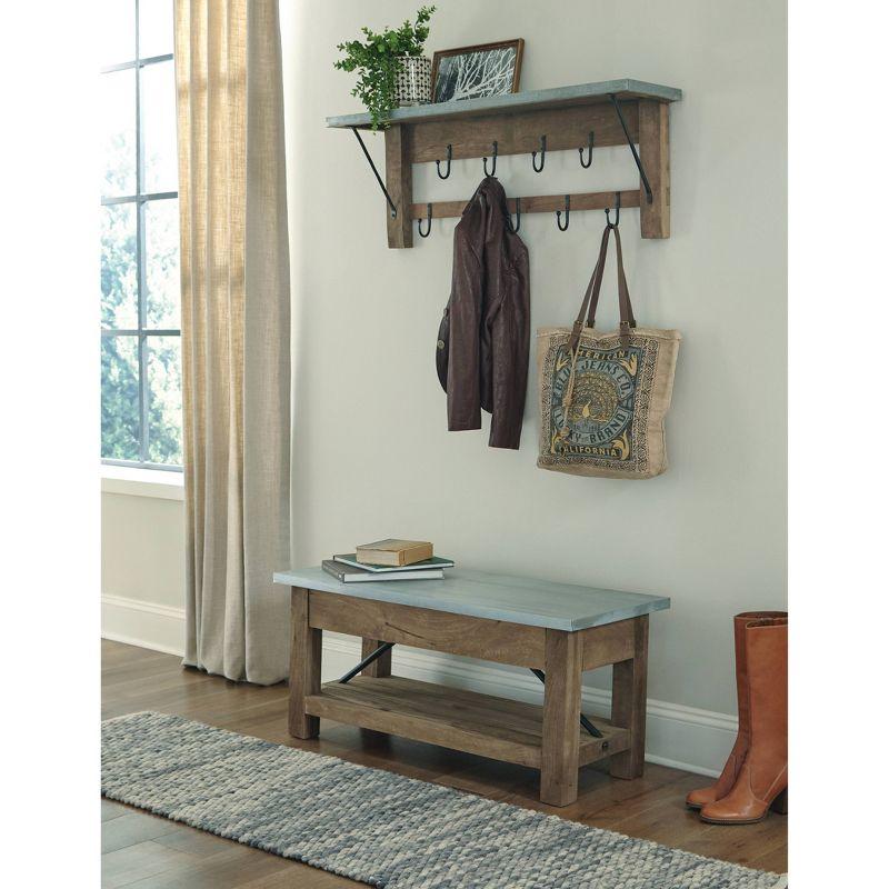 Industrial Medium Wood and Zinc Hook Shelf with Iron Hooks