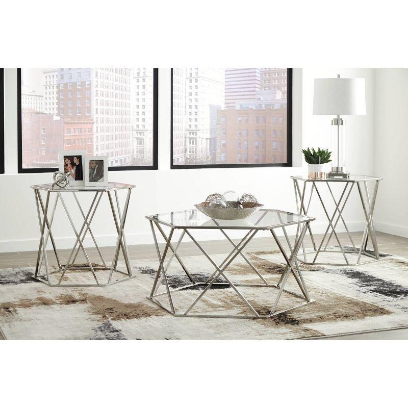 Madanere Hexagonal Chrome and Glass 3-Piece Table Set