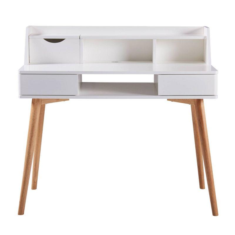 Modern White/Natural Wood Writing Desk with Hutch and Drawers
