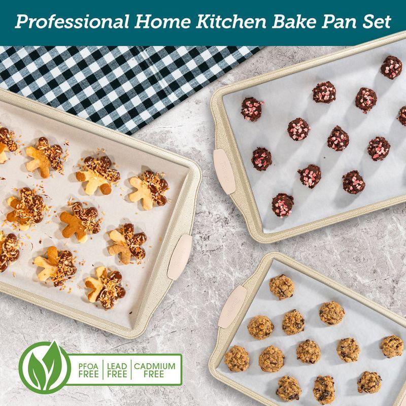 BAKKEN Deluxe Nonstick White Marble Baking Pans - Professional 3-Piece Carbon Steel Bakeware Set with Silicone Handles - Dishwasher Safe & Stackable