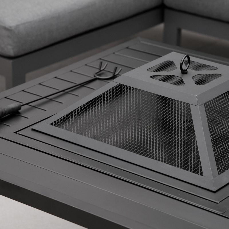 Outsunny 34" Fire Pit with Grill, Square Metal Outdoor Wood Burning Fire Pit with Spark Screen, Fire Poker, Cover, Table Lip, Black