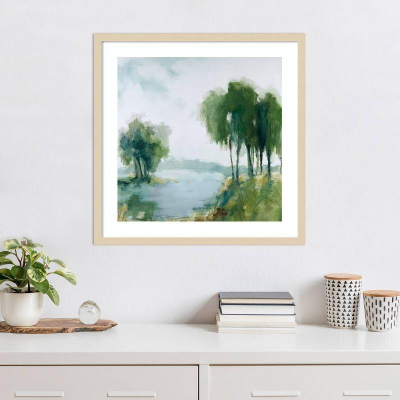 Summer Colors Green and Blue Landscape Lithograph with Brown Wood Frame