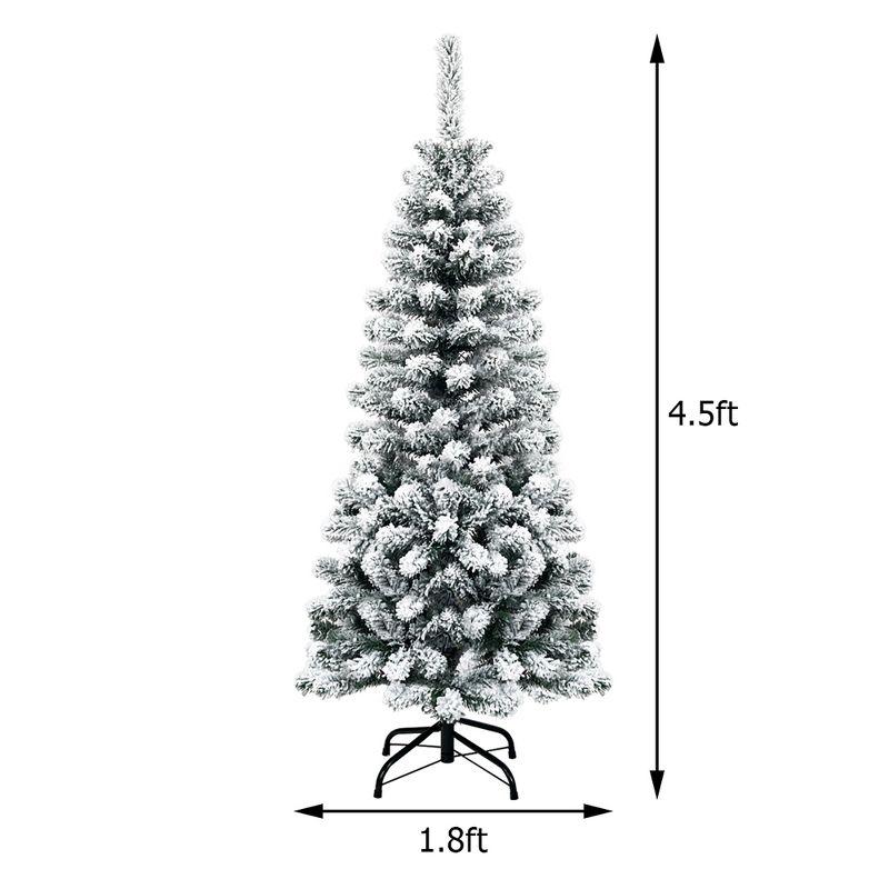 4.5Ft Pre-lit Snow Flocked Artificial Pencil Christmas Pine Tree w/150 LED Light