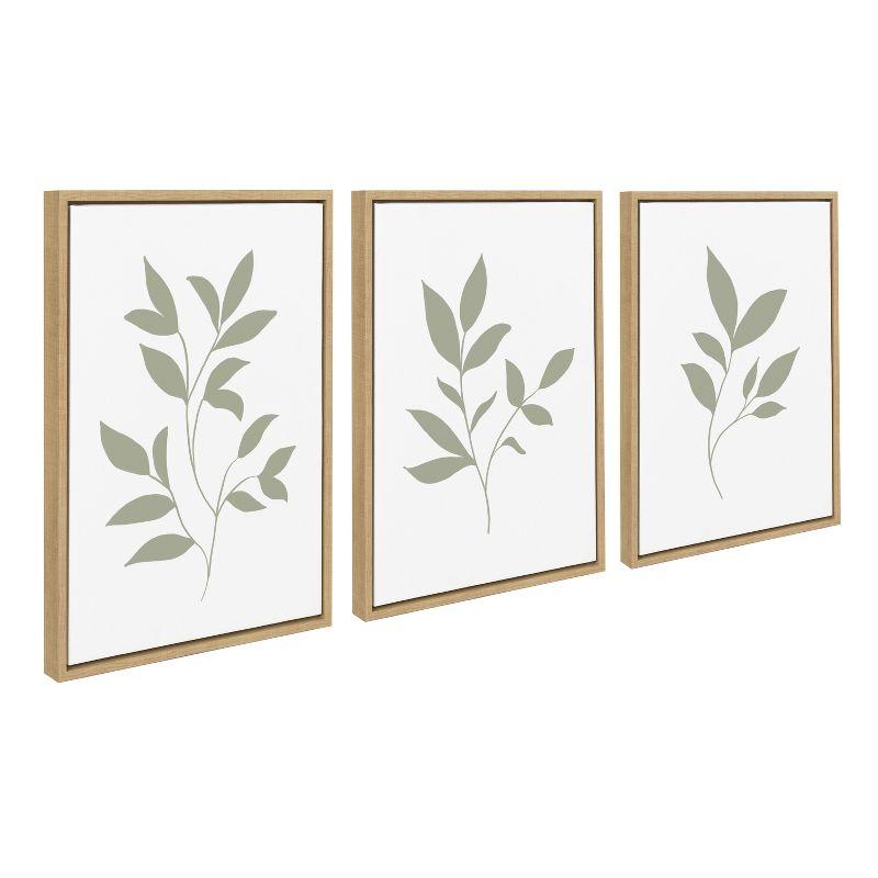 Modern Sage Green Botanical Print on Canvas with Natural Frame, 3 Piece Set