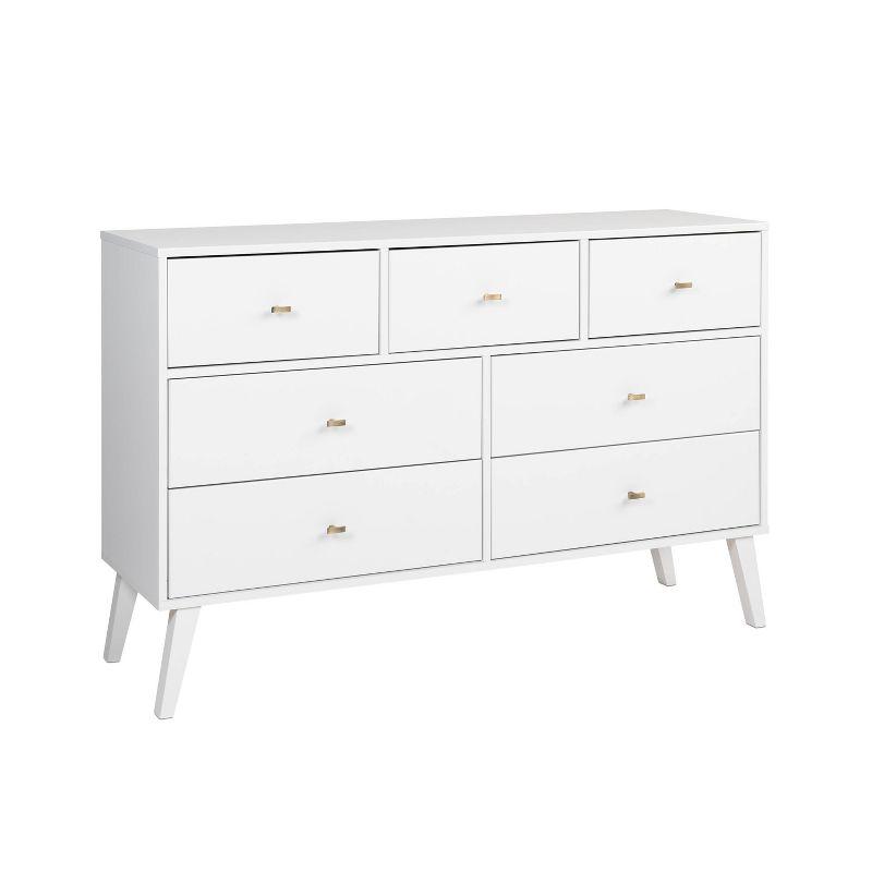 Prepac 7 Drawer Milo Mid-Century Modern Dresser White: Laminated, Metal Glides, MDF Composite