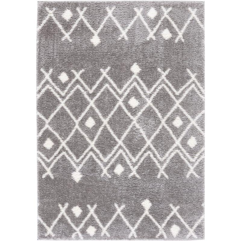 Gray Geometric Hand-knotted Shag Rug, 5' x 7'