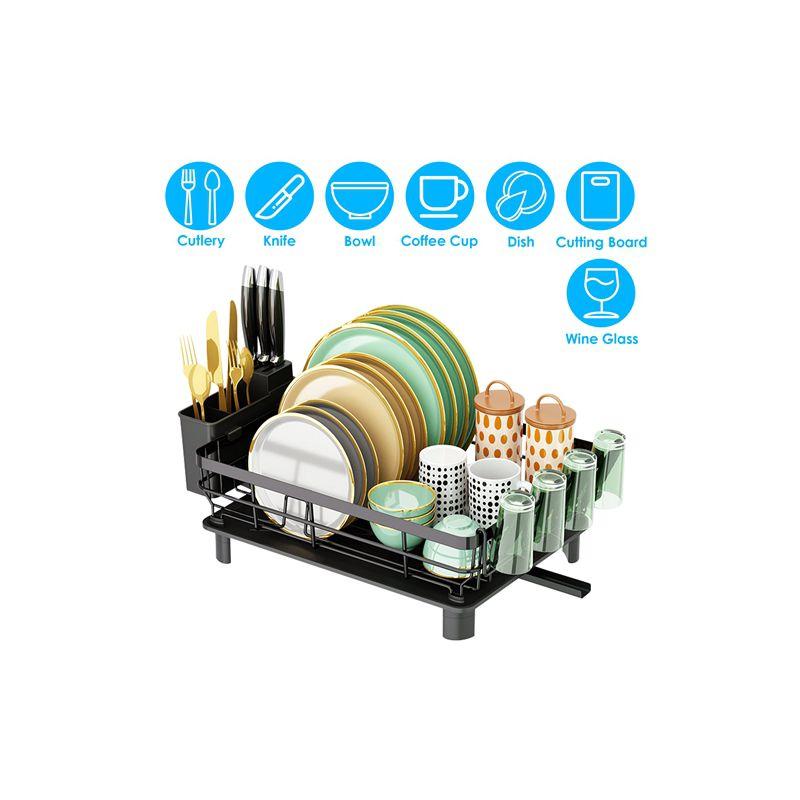 Black Carbon Steel Multi-Functional Dish Drying Rack with Utensil Holder