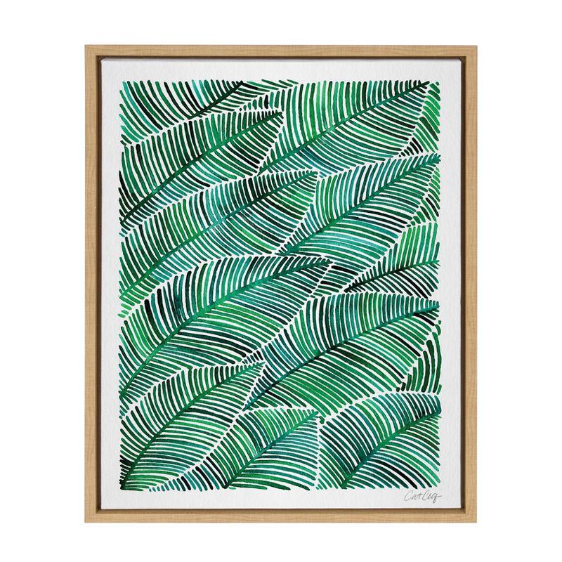 Tropical Leaves Watercolor Canvas Print with Natural Frame