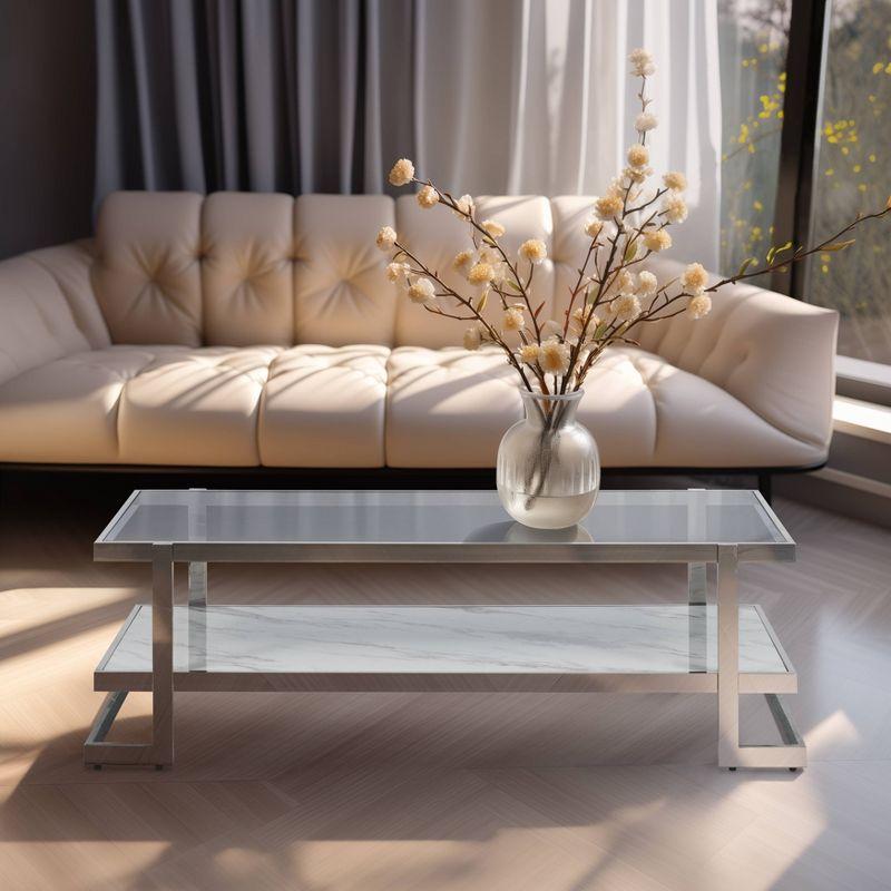 Sagebrook Home 18" Metal and Marble Rectangle Coffee Table Silver/White: Glam Style, Mirrored Shelf, No Assembly Required