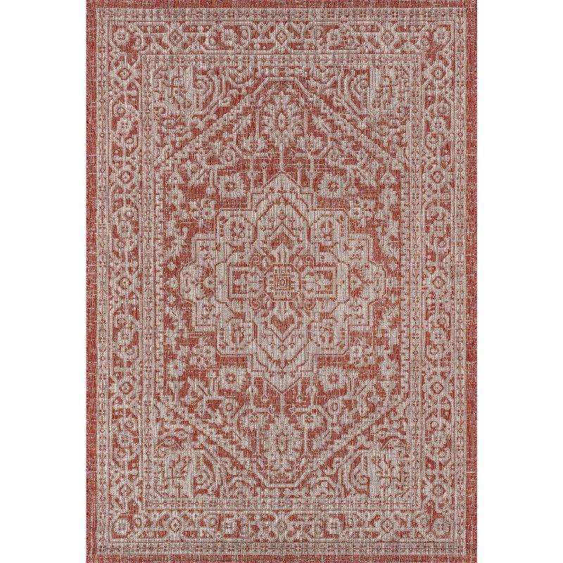 8'x10' Sinjuri Medallion Textured Weave Indoor/Outdoor Area Rug, Red/Taupe - JONATHAN Y