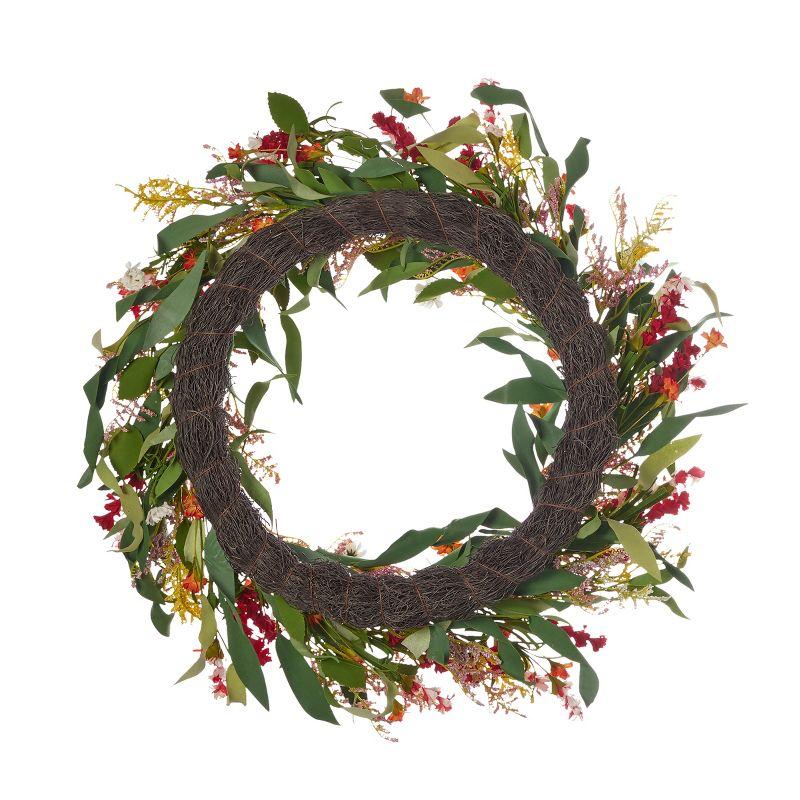 Christmas Raya 26in Wreath, w/ Artificial Narrow Leaf Eucalyptus, Wild Daisy, Larkspur, & Limonium