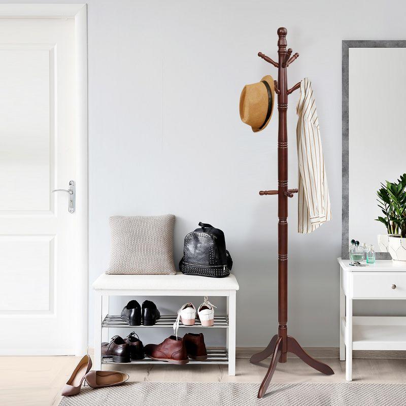 Brown Adjustable Height Solid Wood Coat Rack with 9 Hooks