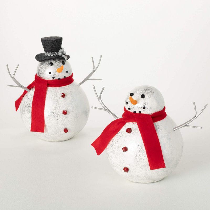 Set of 2 Shiny Snowman Figurines with Red Scarves