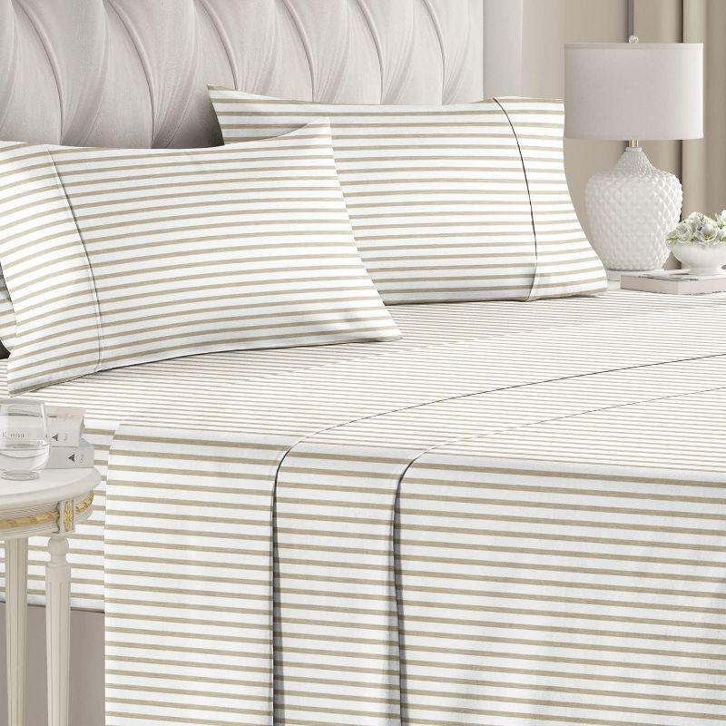 Queen Beige Striped Microfiber Deep Pocket Sheet Set