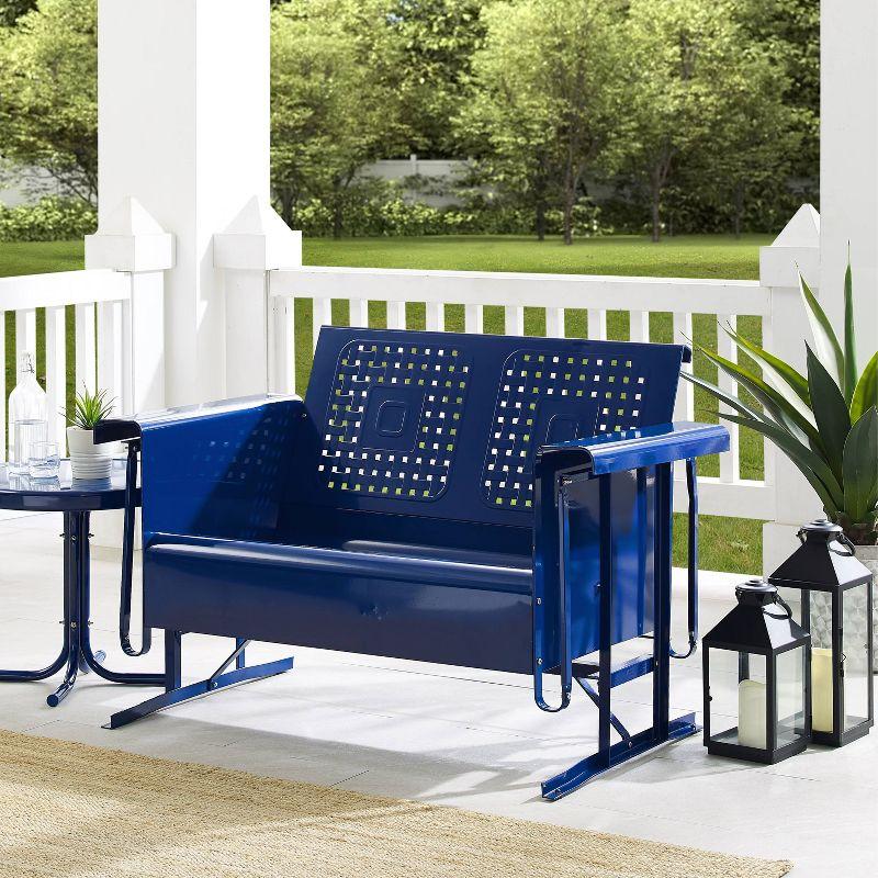 Navy Retro Metal Outdoor Loveseat Glider with Basket Weave Design