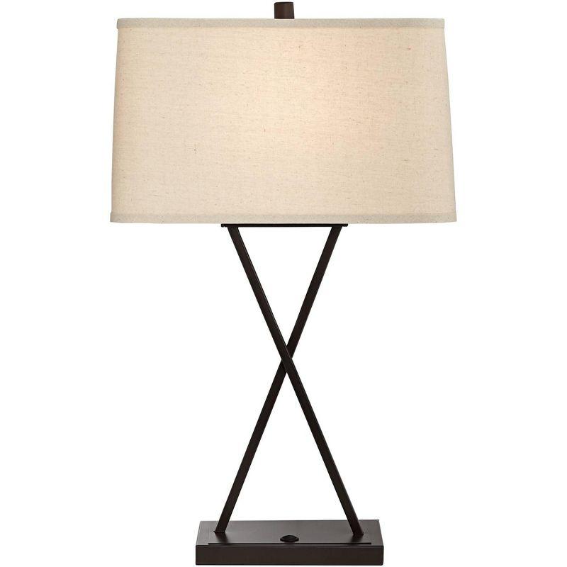 Franklin Iron Works Megan Modern Table Lamps 26 1/2" High Set of 2 Bronze Metal with USB Charging Port LED Rectangular Fabric Shade for Bedroom Desk