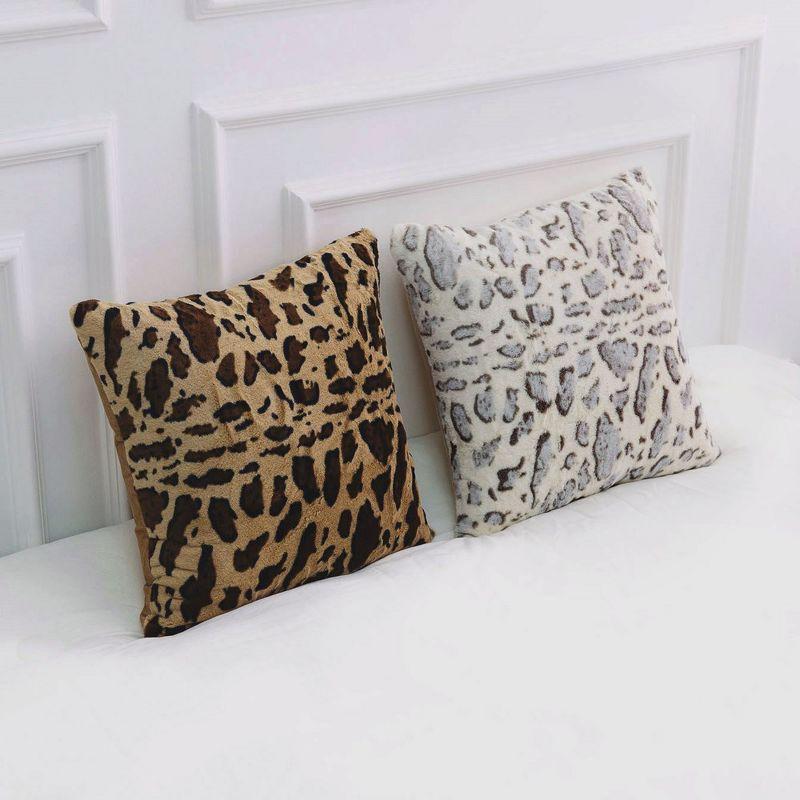 Set of 2 Gray Faux Fur Leopard Print Throw Pillows