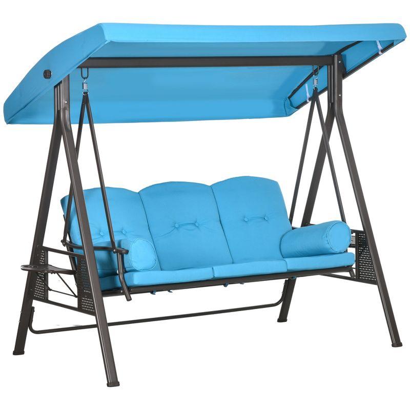 Blue Steel Frame 3-Seat Outdoor Patio Swing with Canopy and Cushions