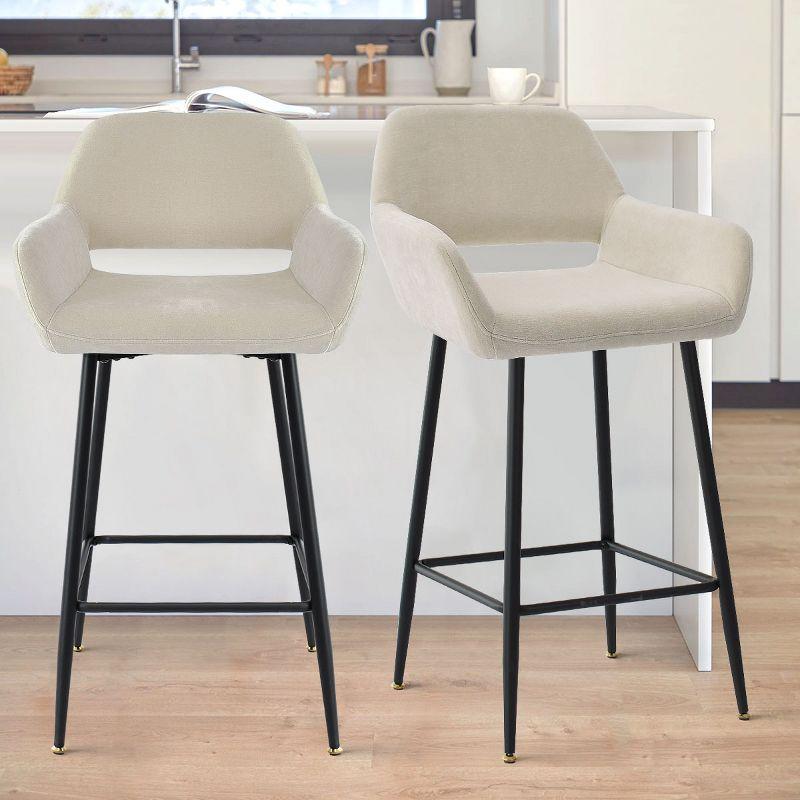 William Beige Velvet Upholstered Counter Height Bar Stools with Metal Legs, Set of 2