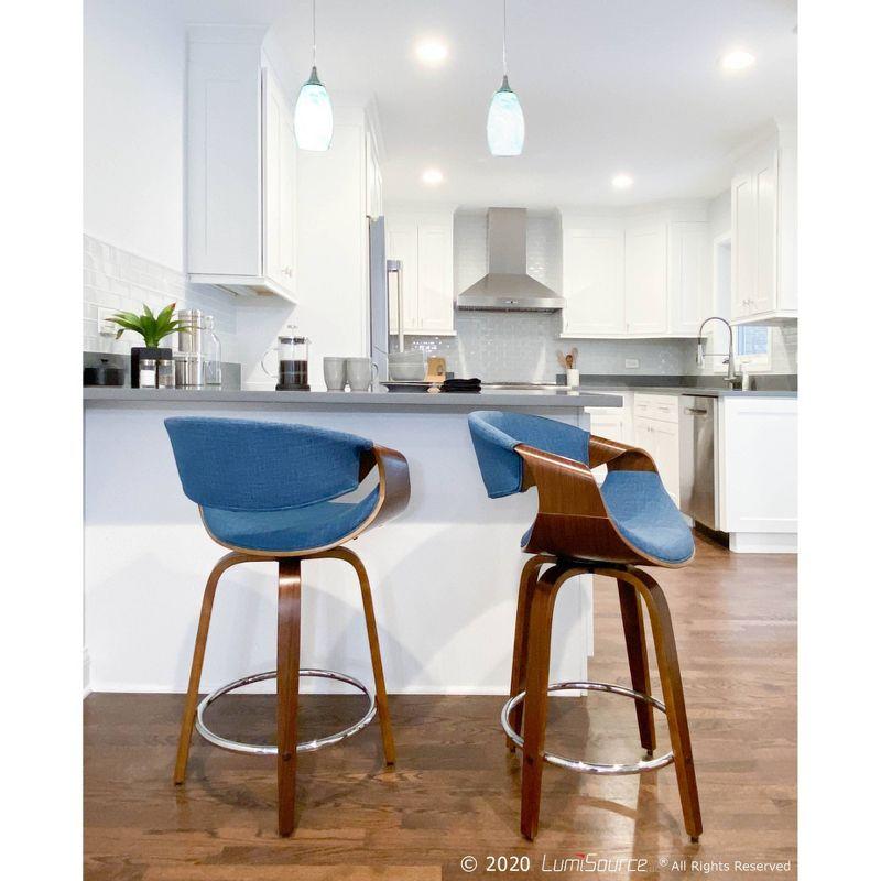LumiSource Set of 2 Curvini Upholstered Counter Height Barstools Blue/Walnut: Swivel, Chrome-Plated, Wood Legs